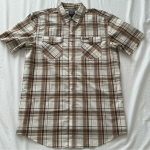 Wrangler Outdoor Button Snap Shirt Mens‎ M Beige Plaid Short Sleeve Hiking